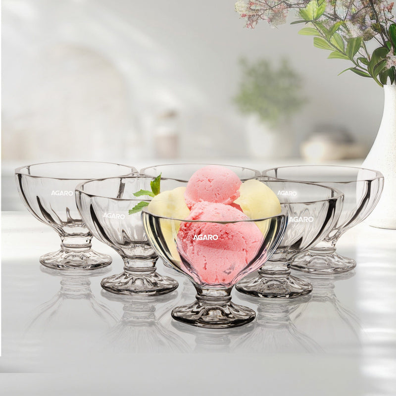 AGARO Glass Elegant Ice Cream Bowl 140ml Set of 6, Ice Cream Bowl, Dessert Cup for Sundae, Sweets, Snacks, Fruit, Puddin