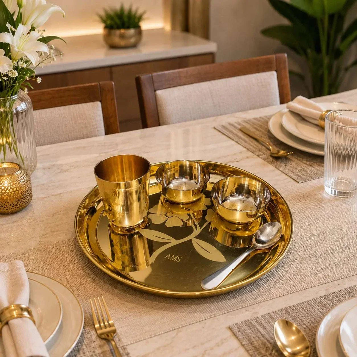 Brass Floral Thali/Dinner Set (990 Gram)