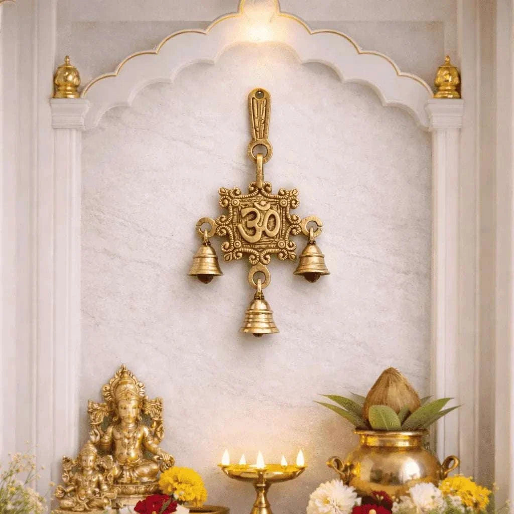 Brass Om Wall Hanging With Bell (7 Inch)