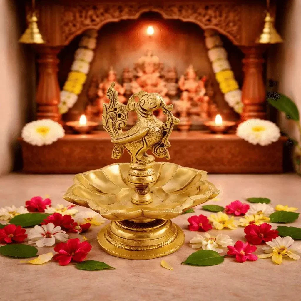 Brass Peacock Eight Petal Diya (5.5 Inch)