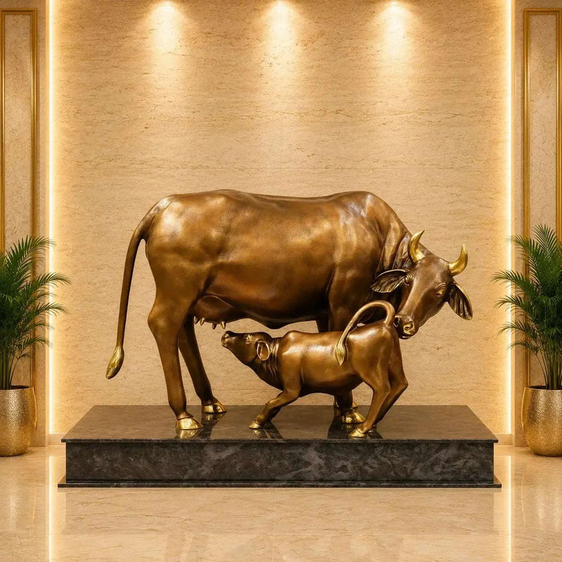 Brass Majestic Kamdhenu Cow with Calf Idol on Granite Base (33 Inch)