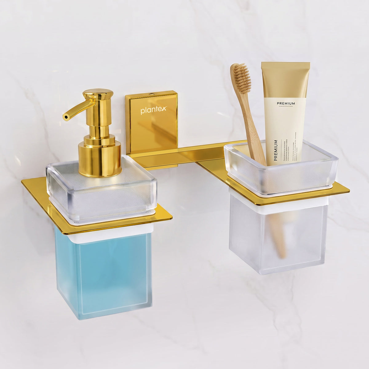 Plantex 304 Grade Stainless Steel Glass Liquid Dispenser with Tumbler Holder/Toothbrush Holder/Shampoo Dispenser for Washbasin/Kitchen/Bathroom Accessories - Pack of 1 (Crystal, PVD Gold)-1