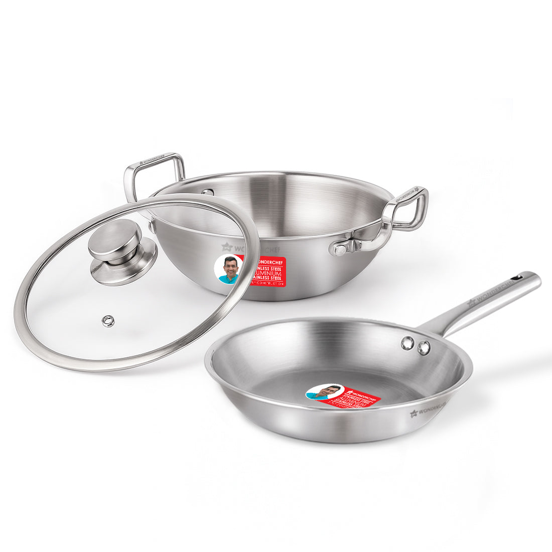 Wonderchef Stella Triply Stainless Steel Cookware Set | 3 Pcs. | Fry Pan 22 cm, Kadhai 22 cm + Lid | For Gas Stove, Indu