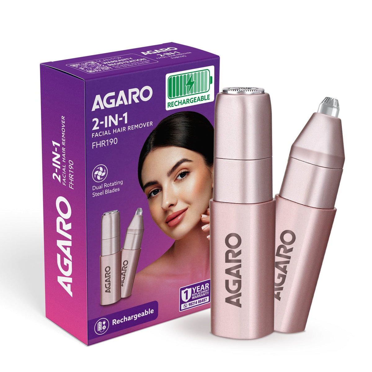AGARO Facial Hair Remover |Eyebrow Trimmer FHR190 Rose Gold For Women, Rechargeable, Cordless, Safe & Painless Electric 