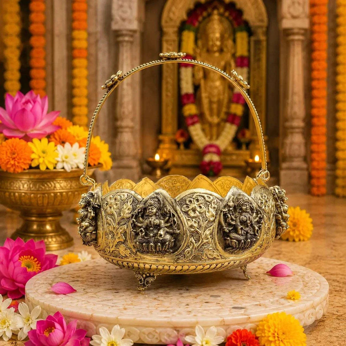 Brass Ashtalakshmi Basket With Handle And Leg (3.5 Inch)