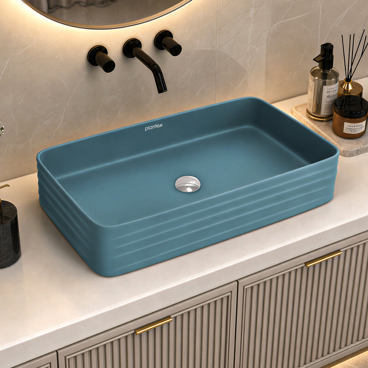 Plantex Ceramic Designer Washbasin for Bathroom/Countertop Bathroom Basin/Rectangle Tabletop Wash Basin for Restaurant/Hotel (Harmony Blue - 26 x 15 x 5 Inch)