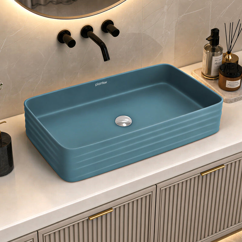 Plantex Ceramic Designer Washbasin for Bathroom/Countertop Bathroom Basin/Rectangle Tabletop Wash Basin for Restaurant/Hotel (Harmony Blue - 26 x 15 x 5 Inch)-1