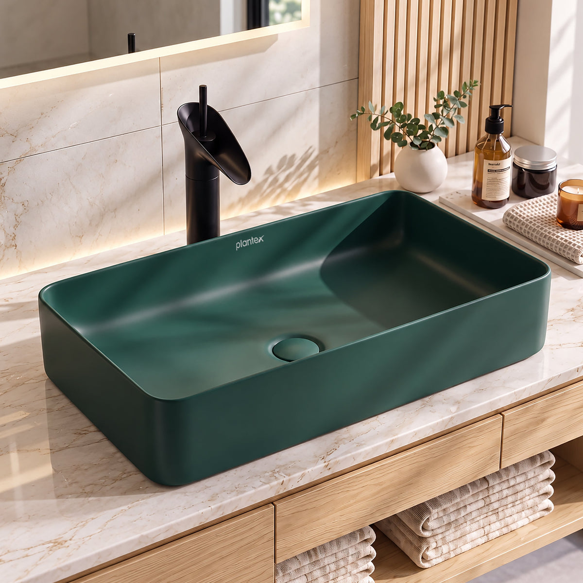 Plantex Ceramic Basin/Tabletop Wash Basin for Bathroom/Rectangle Over Counter Vessel Sink for Restaurant/Hotel (Matt Green, 24 x 14 x 4.5 Inch)-1