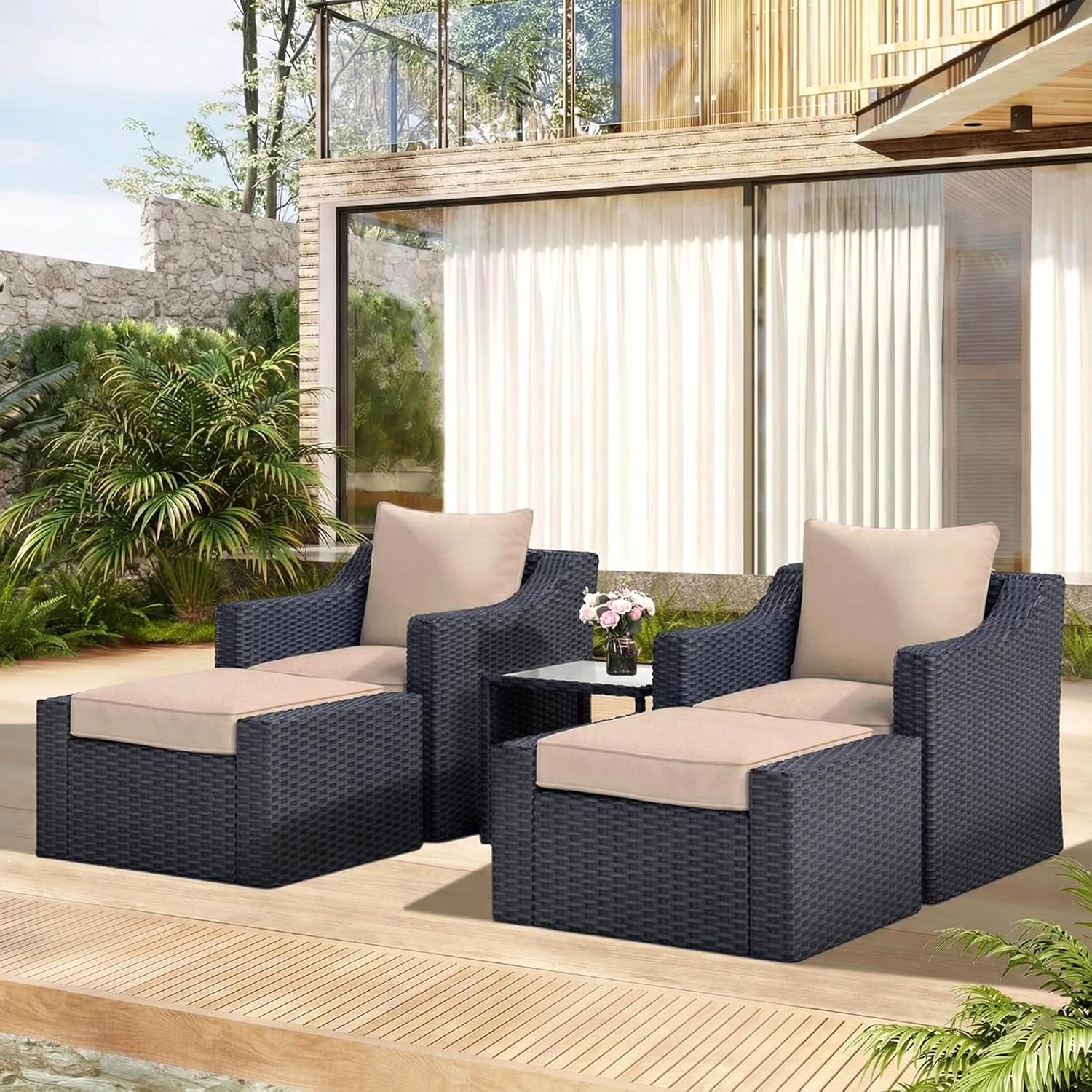 Allesi Outdoor Patio Sofa Set 2 Single Seater , 2 ottoman and 1 Center Table Set (KHAKHI)