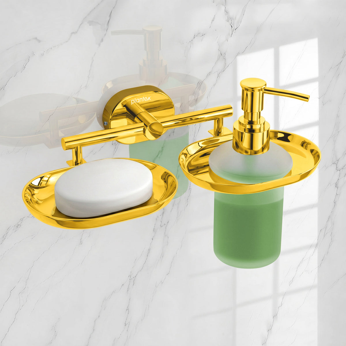Plantex J4 Stainless Steel Soap Dish with Liquid Dispenser/Soap Stand for Bathroom Wall Mount/Shampoo Dispenser/Bathroom Accessories (PVD Gold Finish) Onix