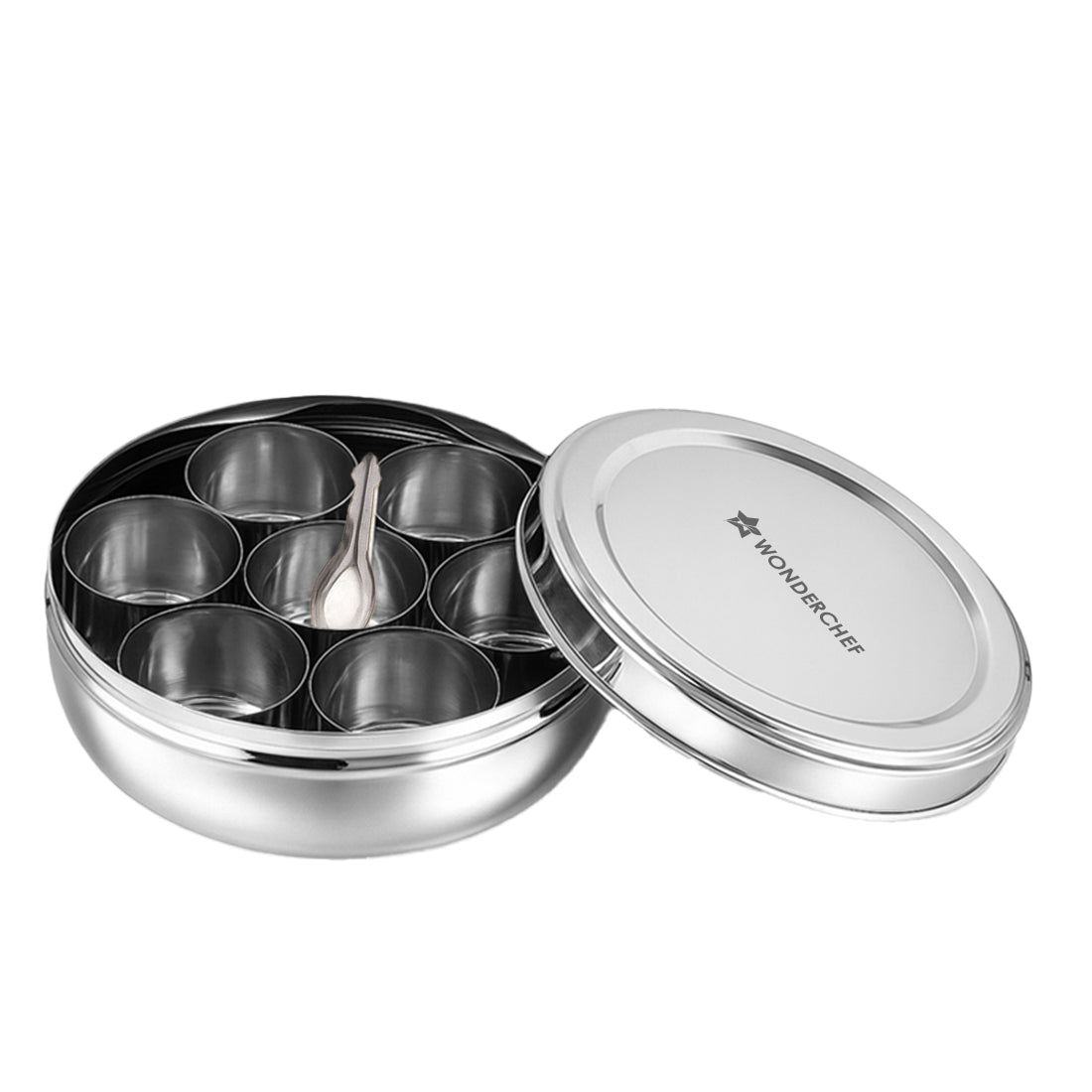 Wonderchef Ambrosia Stainless-steel Masala Box, 7 Containers, 1 Small Spoon, Airtight Stainless-steel Lid, Spice Organiz