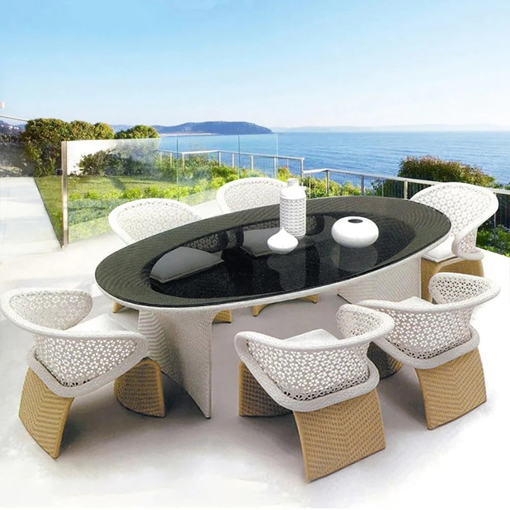 Modero Outdoor Patio Seating Set 6 Chairs and 1 Table Set (Tan + White)