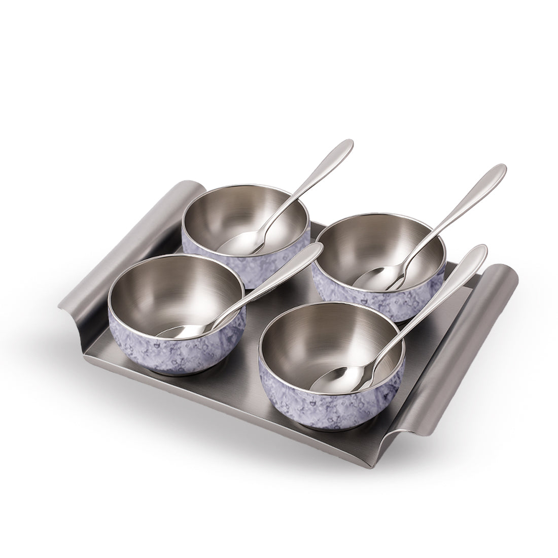 Wonderchef Modena Stainless-steel 9 Pc. Condiment Set, 4 Bowls, 4 Spoons, 1 Tray, Serve Dry Snacks, Chutneys, Dry Fruits