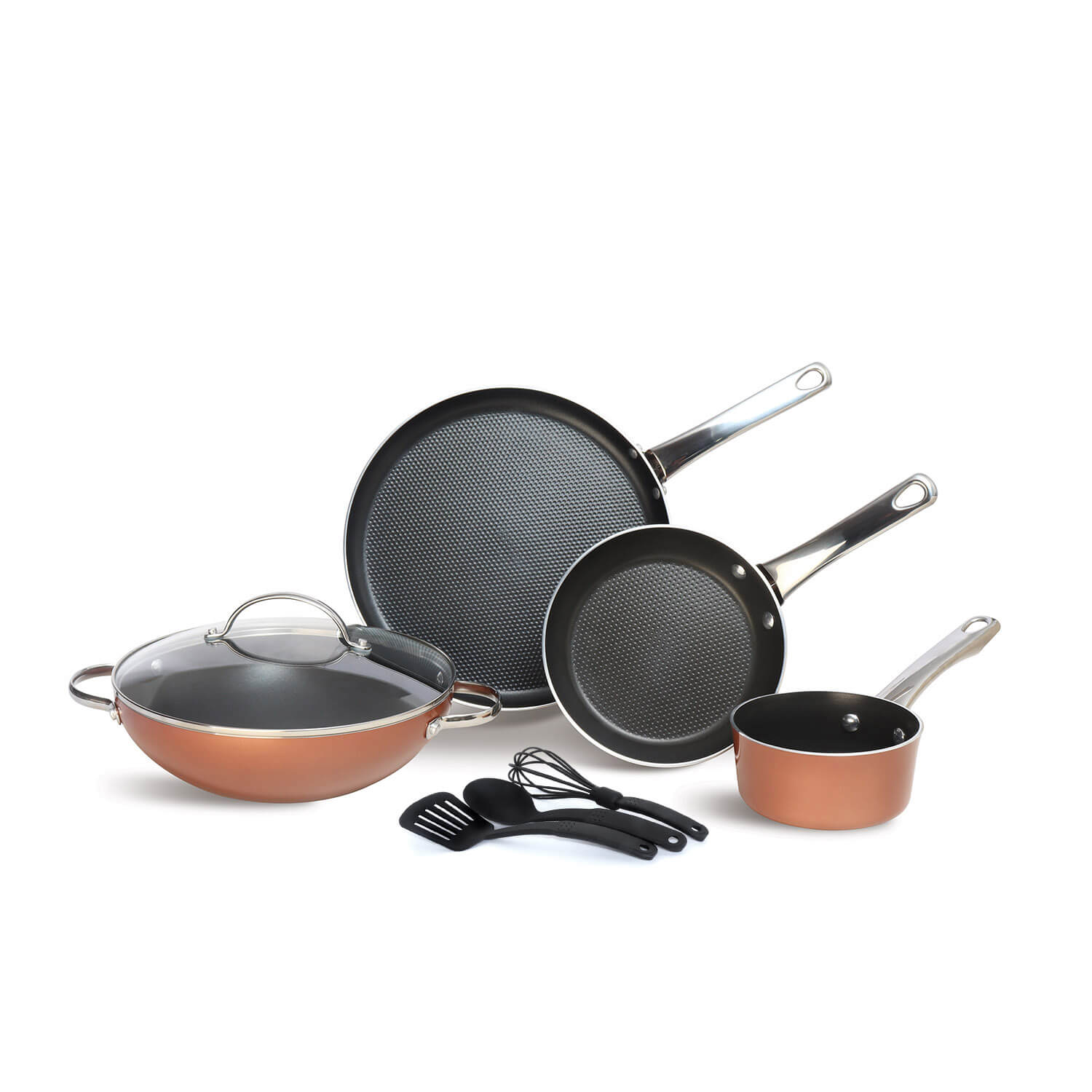 Meyer Luminescence Non-Stick 8pcs Set, Copper (Saucepan+Kadai+Frypan+Tawa+Accessories)