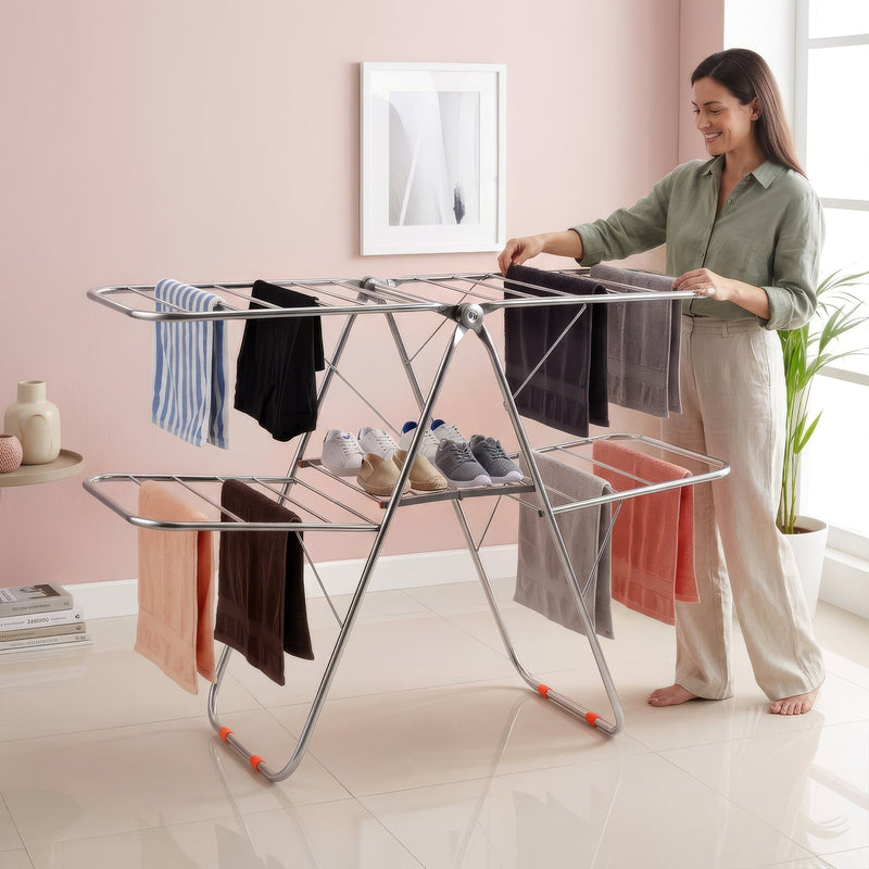 Plantex Cloth Stand for Home/Stainless Steel Foldable Colth Stand/Double Layer Cloth Drying Rack for Balcony - Pack of 1 (Bloom, Chrome)-1