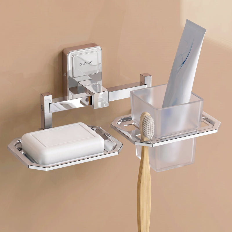Plantex 304 Grade Stainless Steel 2in1 Soap Holder with Tumbler Holder/Wall Mounted Stand/Bathroom Accessories - Darcy (Chrome)-1