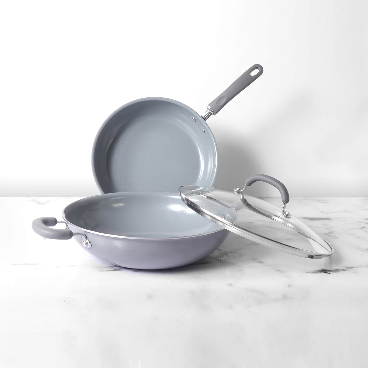 Meyer Anzen Ceramic Coated Cookware 3-Piece Set - 28cm Frypan + 30cm Wok/Kadai with Lid
