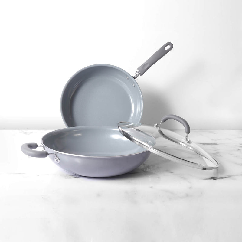 Meyer Anzen Ceramic Coated Cookware 3-Piece Set - 28cm Frypan + 30cm Wok/Kadai with Lid