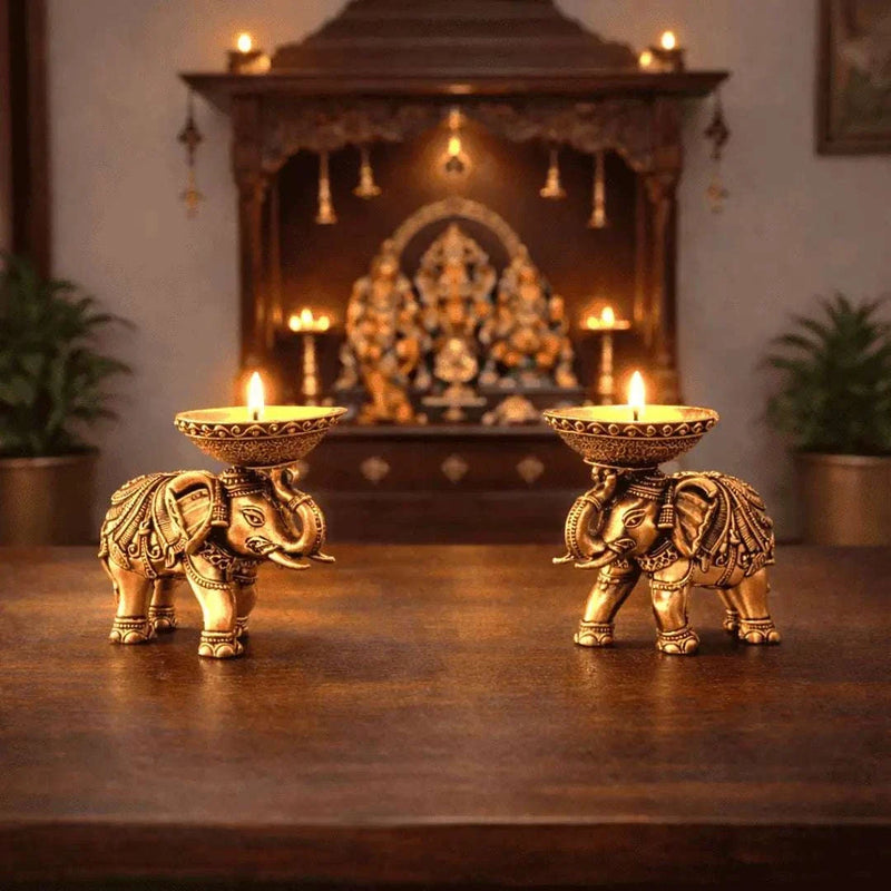Brass Lightweight Elephant Standing Diya Pair