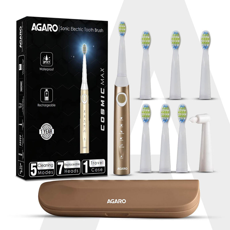 AGARO COSMIC MAX Sonic Electric tooth brush for adults with 5 modes, 7 brush heads, 1 Interdental head and rechargeable with 4 hours charge lasting up to 25 days (Black)-7