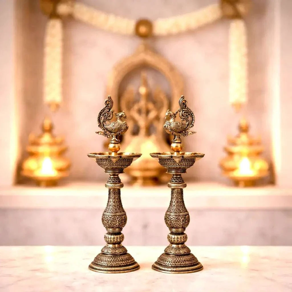 Brass Lightweight Peacock Samai/Lamp Pair (8 Inch)