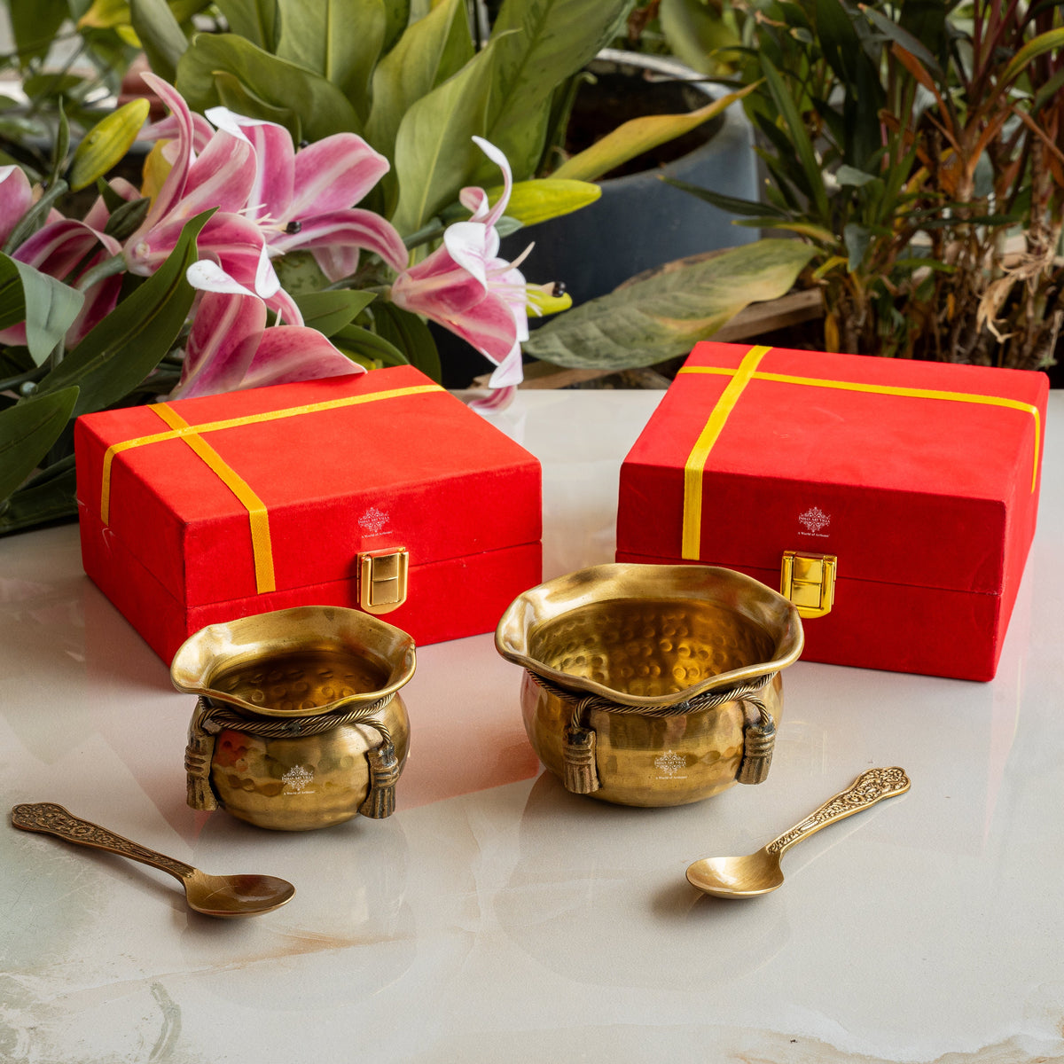 Brass Bowl & Spoon Set With Velvet Box - Hammered Design