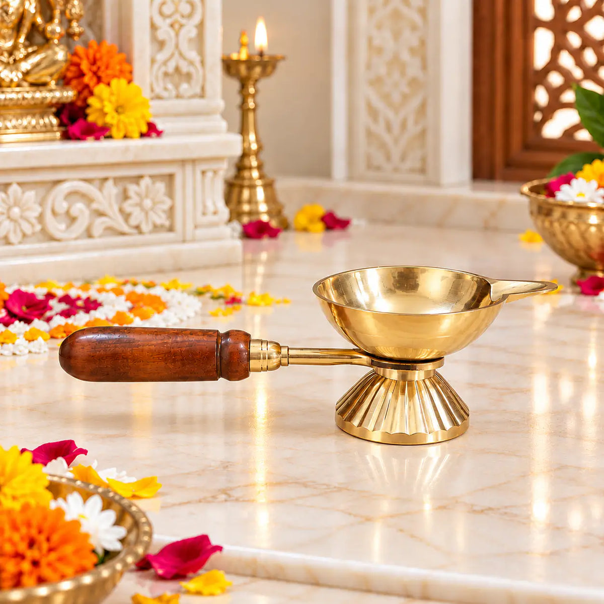 Brass Aarti Diya with Wooden Handle