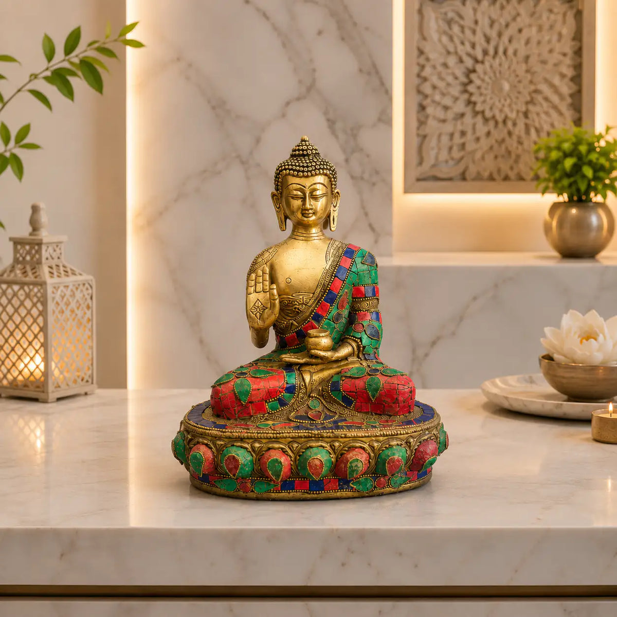 Brass Stone Work Blessing Sitting Buddha Statue