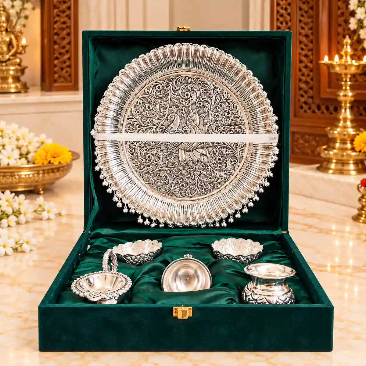 Brass Silver Plated Pooja Thali Set With Velvet Box (1.9 kg)