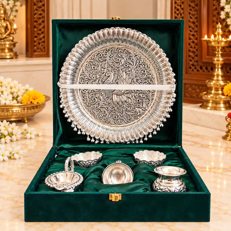 Brass Silver Plated Pooja Thali Set With Velvet Box (1.9 kg)