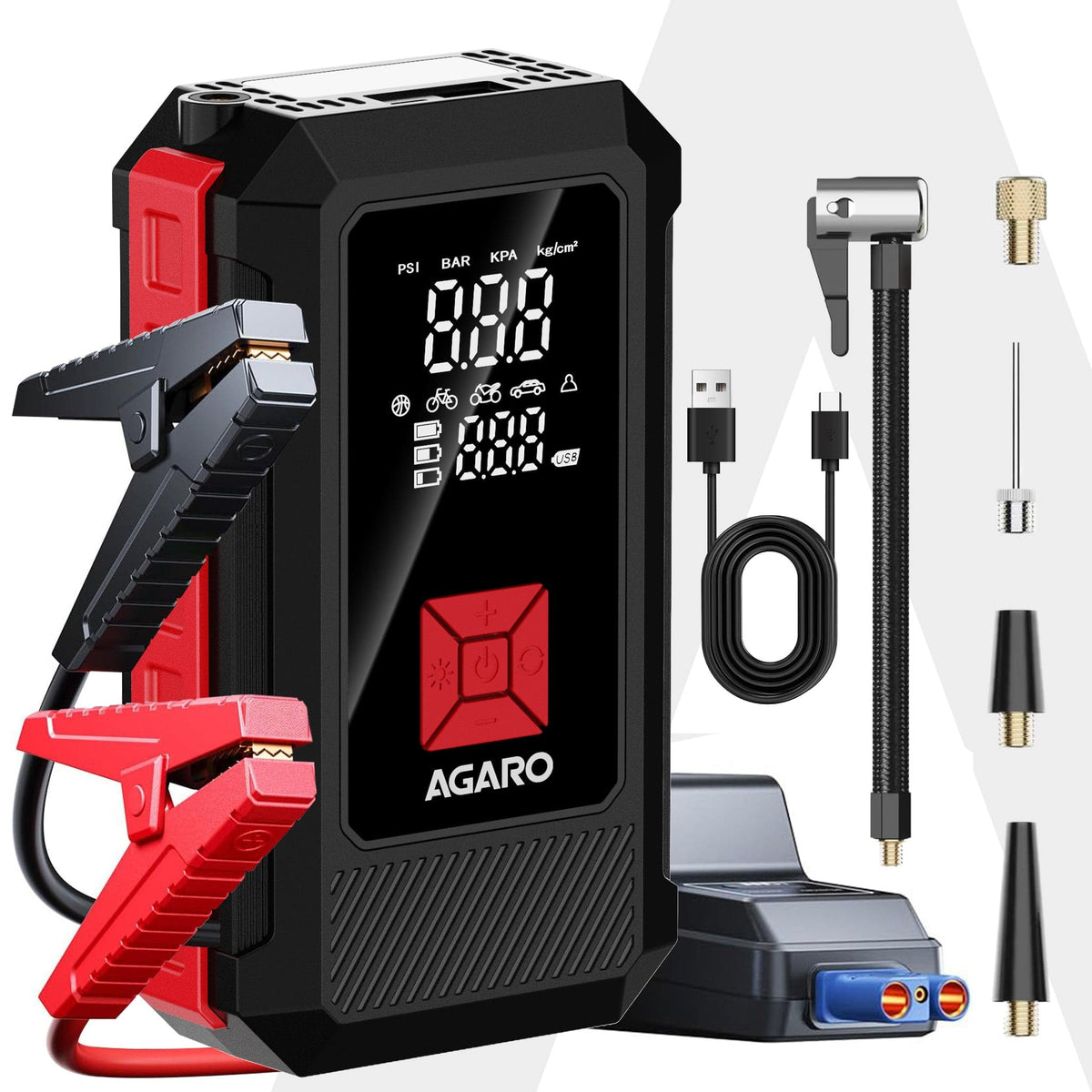 AGARO Regal Tyre inflator & Jump Starter, For Cars & Bikes, 12V, Upto 150 PSI, 10000 mAH Powerful Battery, LED Light, Di