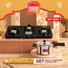Prestige Edge PEBS 03L Manual Powder Coated with Aluminium Frame 3 Burners Gas Stove, Black, Prestige Svachh Triply Outer Lid Pressure Cooker with Unique Deep Lid for Spillage Control, 5 Litre, Silver
