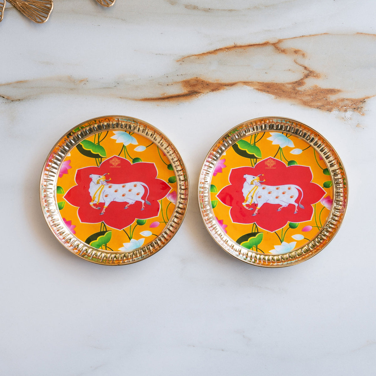 Brass Thali With Pichwai Cow Print Set Of 2