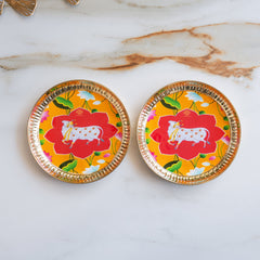Brass Thali With Pichwai Cow Print Set Of 2