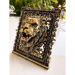 Pure Brass Miniature Lion Statue with Ornate Decorative Border - 7.11 cm