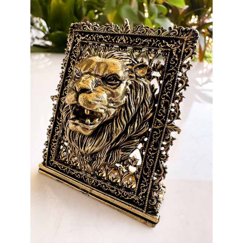 Pure Brass Miniature Lion Statue with Ornate Decorative Border - 7.11 cm