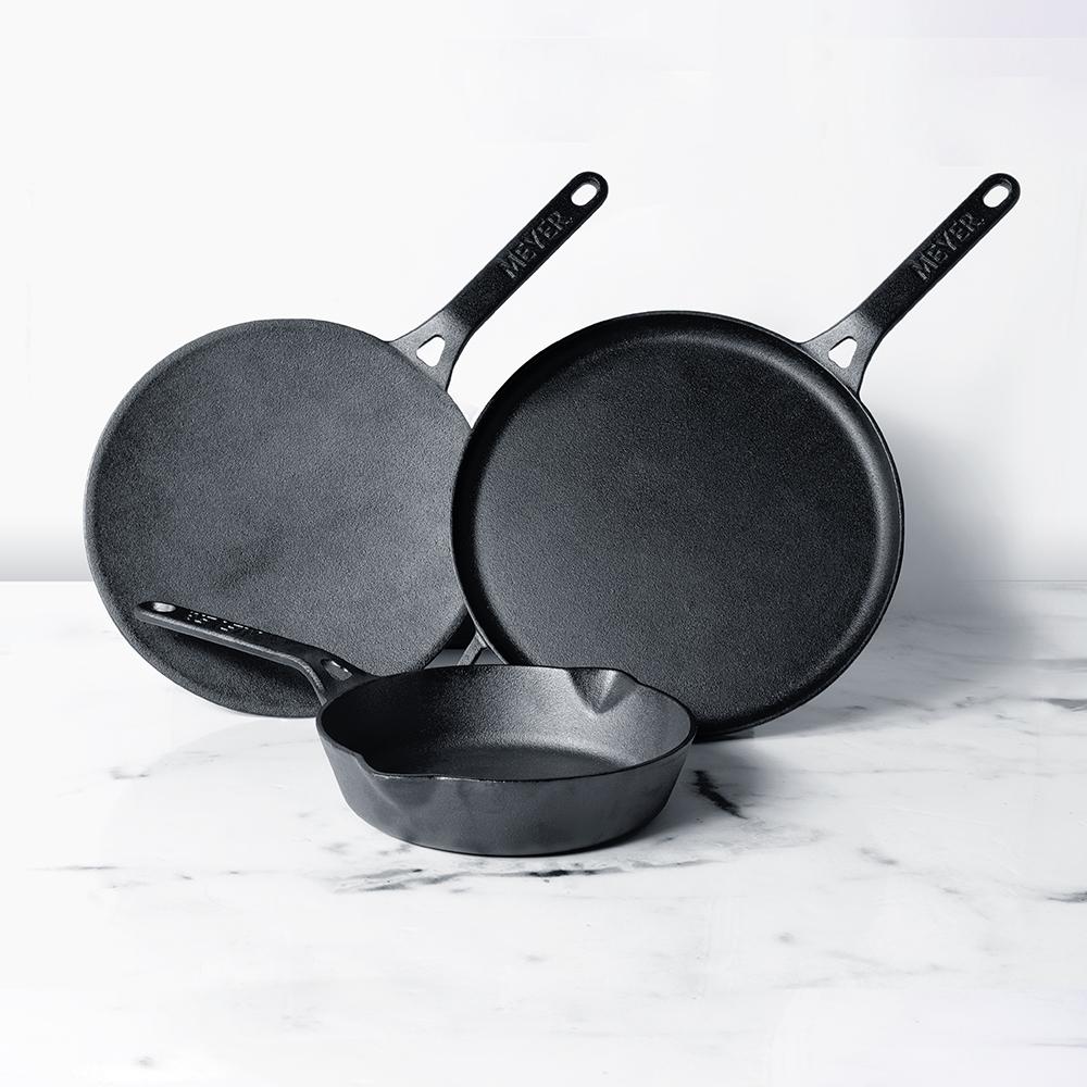 Meyer Pre-Seasoned Cast Iron 3 Piece Cookware Set - 28cm Flat Dosa Tawa + 20cm Frypan + 26cm Curved Roti Tawa