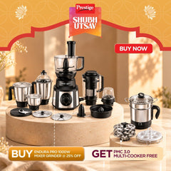 Prestige Endura Pro 1000W Multi Functional Mixer Grinder, Copper Motor, 6 Jars with Food Processing Attachments, 14-in-1, 5Y Motor Warranty + Prestige 1.5L PMC 3.0 Plus Multi Kettle / Multi Cooker