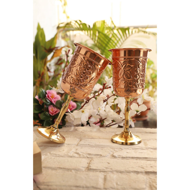Pure Copper Wine Glass With Grape Vines Embossed Design & Brass Bottom