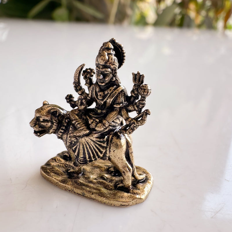 Pure Brass Miniature Durga Ji Sitting on Lion Idol for Pooja