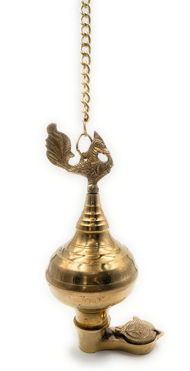Handcrafted Brass Hanging Pooja Lamp Diya, Traditional Peetal Pittal Pitala Ceiling Lantern for Lakshmi, Saraswati, Durga & Deepam Lighting,Gold, 9.5 Inch, 1 Piece