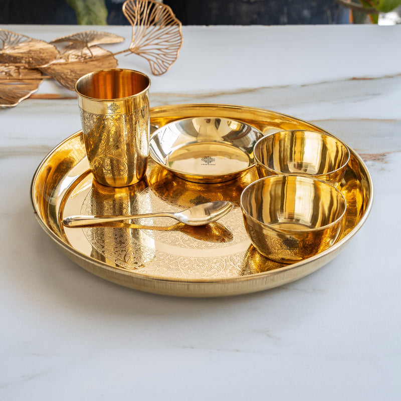 Brass Embossed Design Thali Set - Gold Dining & Gifting Set