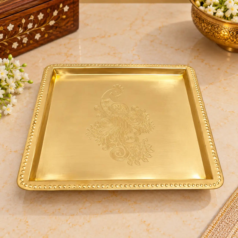Brass Peacock Square Tray / Platter (8 Inch)