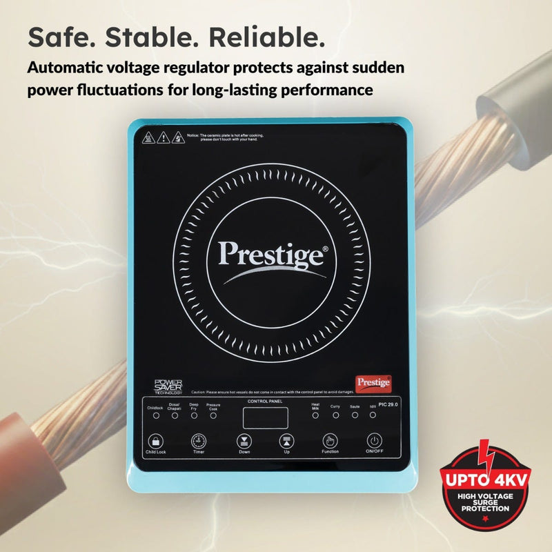 Prestige PIC 29.0 Induction Cooktop 2000W with Preset Indian Menu Options, Blue + Prestige TRIPLY Splendid 4 Pc Cookware Set: Fry Pan 22cm, Kadai 22cm, Saucepan 14cm, SS Lid 24cm, 15Y Warranty