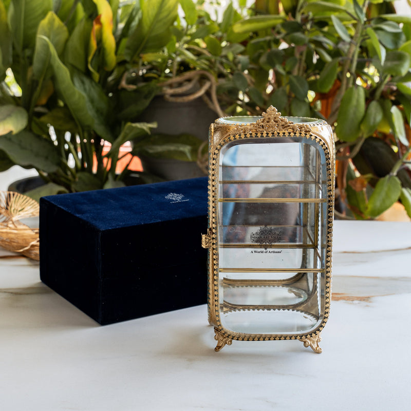 Brass & Glass Embossed Mini Almirah, 3.8 Inch Decorative Box for Home Decor & Gifting