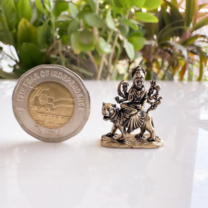 Pure Brass Miniature Durga Ji Sitting on Lion Idol for Pooja