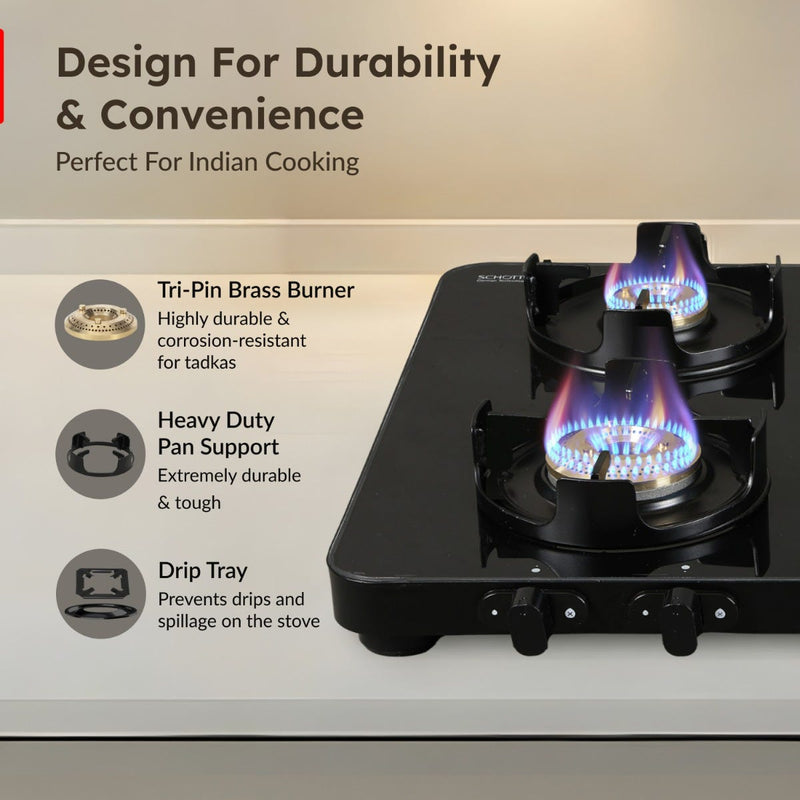 Prestige Edge PEBS 04 4 Burner Manual Gas Stove, Black + Prestige 5 L Tri-Ply Svachh Inner Lid Pressure Cooker, Gas & Induction Compatible, Spillage Control, 5 Years Warranty, Silver