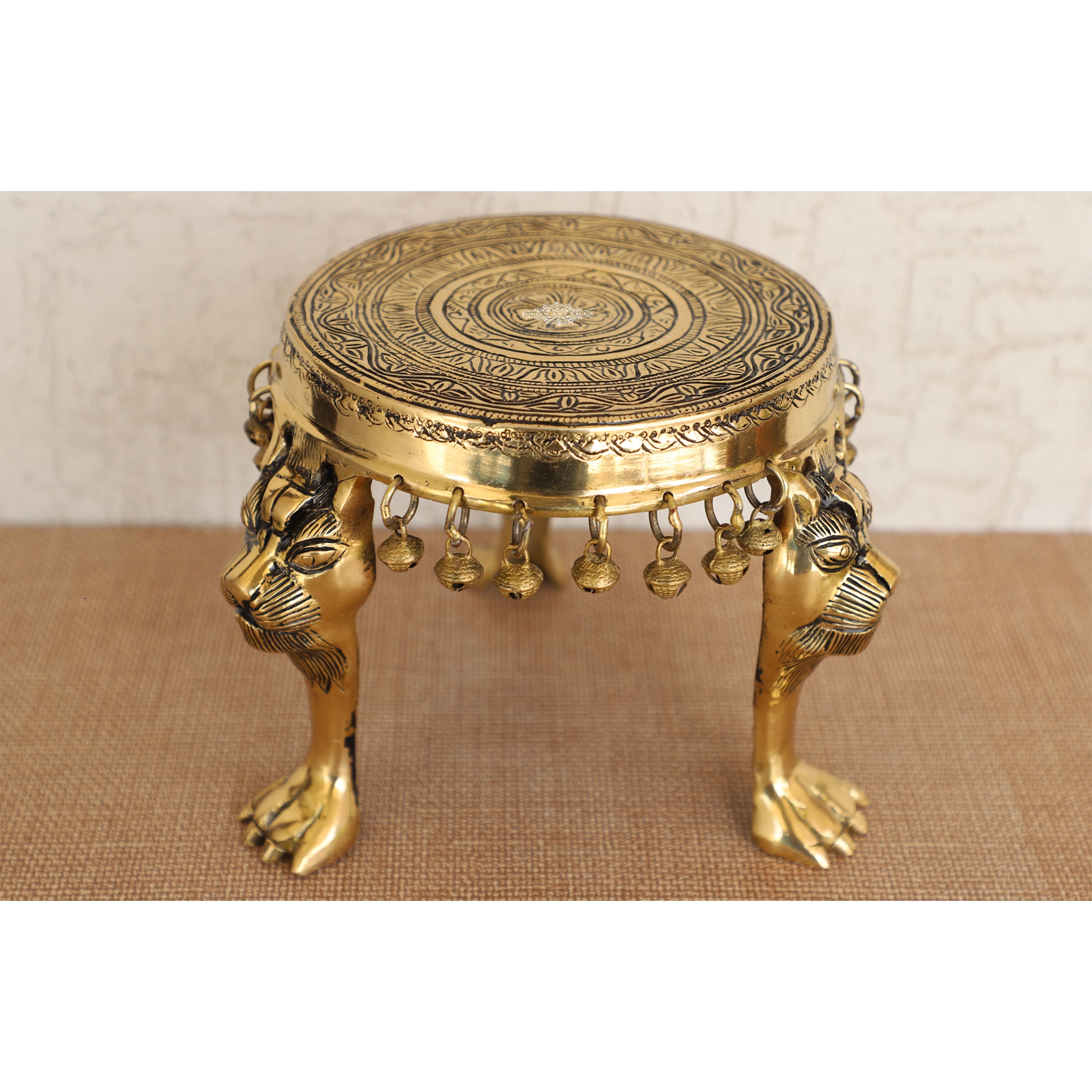 Brass Chowki with Antique Dark Deep Chakra Embossed Design, Decor Item For Home, Hotel & Restaurants, Size- 7.5x19.05 cm