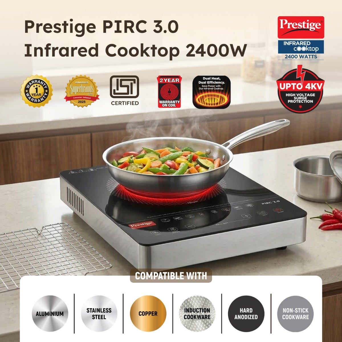 Prestige PIRC 3.0 2400W Infrared Cooktop, Indian Menus & Timer, Flat-Bottom Cookware, Black + Prestige TRIPLY Splendid 4 Pc Cookware Set: Fry Pan 22cm, Kadai 22cm, Saucepan 14cm, SS Lid 24cm