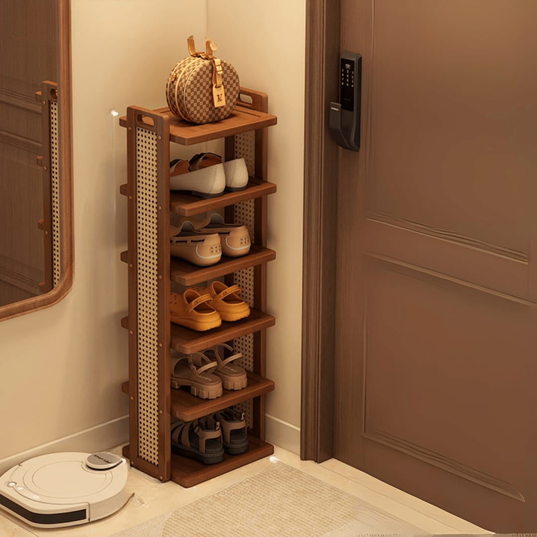 Astera Premium Wooden Shoe Rack with Woven Cane Sides